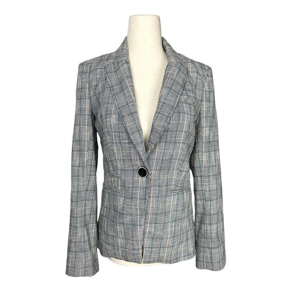 Veronica Beard Micro Houndstooth Plaid Single Breasted Blazer Jacket in Grey/Tan